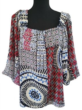 Cato Patchwork Square-Neck Blouse in Red, Blue & Cream